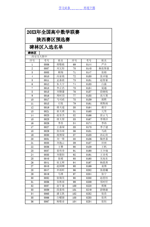 全国高中数学联赛陕西赛区预选赛