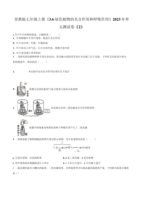 苏教版七年级上册《3.6 绿色植物的光合作用和呼吸作用》2023年单元测试卷(2)(附答案详解)