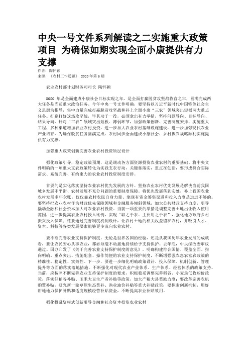 中央一号文件系列解读之二实施重大政策项目 为确保如期实现全面小康提供有力支撑