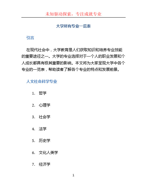 大学所有专业一览表