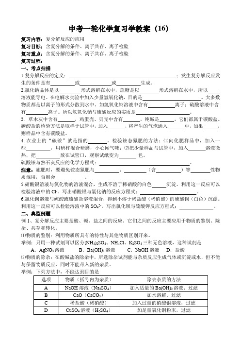 中考一轮化学复习学教案(16)--复分解反应的应用