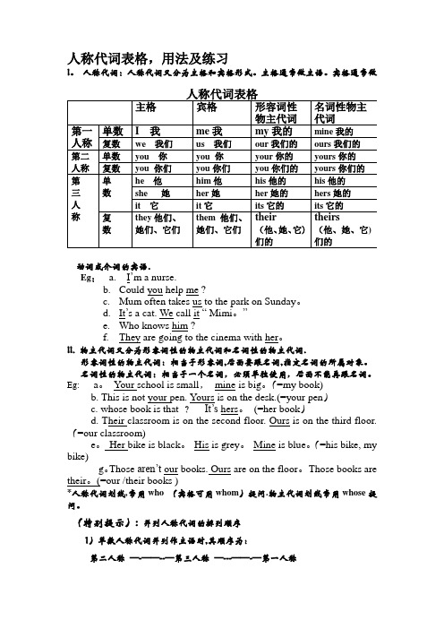 人称代词表格,用法练习(新整理)