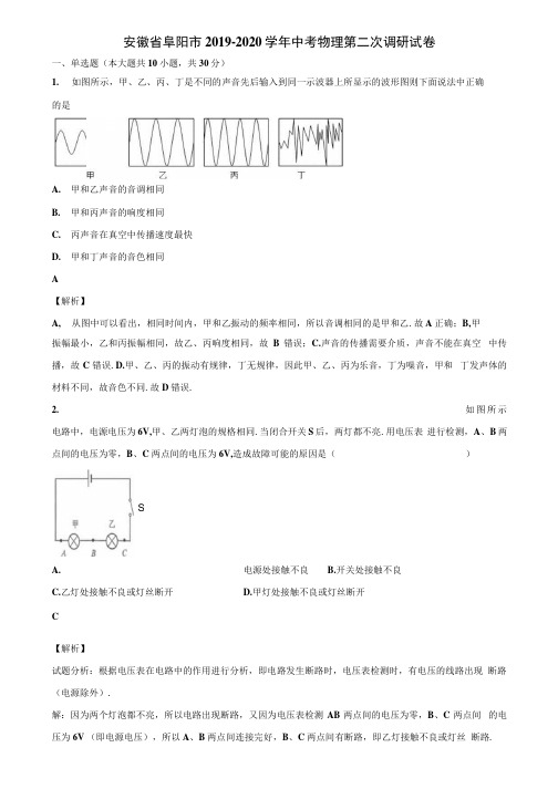 安徽省阜阳市2019-2020学年中考物理第二次调研试卷含解析.docx