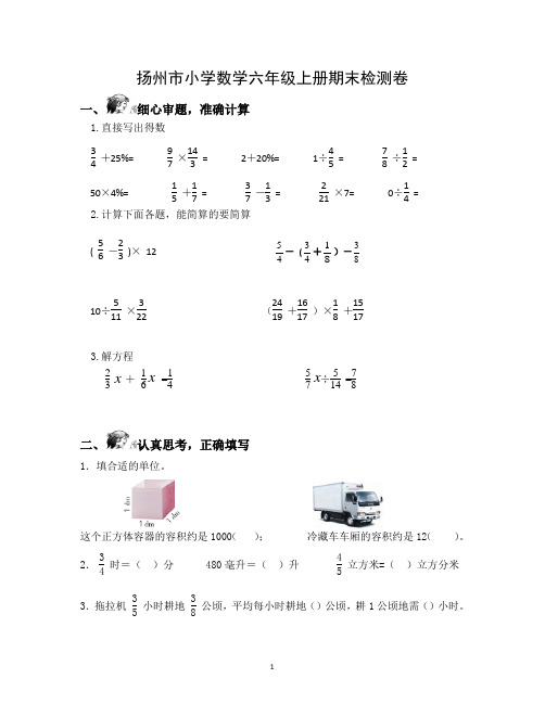 扬州市小学数学六年级上册期末检测卷含答案