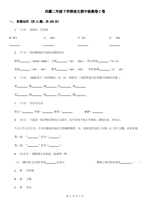 西藏二年级下学期语文期中检测卷C卷