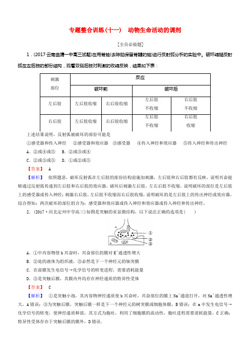 2018年高考生物二轮专题总温习专题整合训练十一动物生命活动的调剂