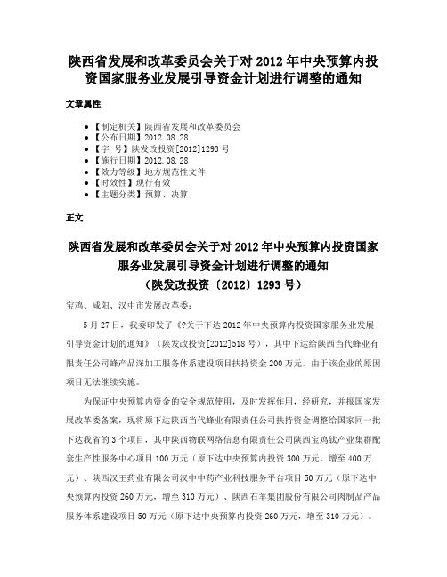 陕西省发展和改革委员会关于对2012年中央预算内投资国家服务业发展引导资金计划进行调整的通知