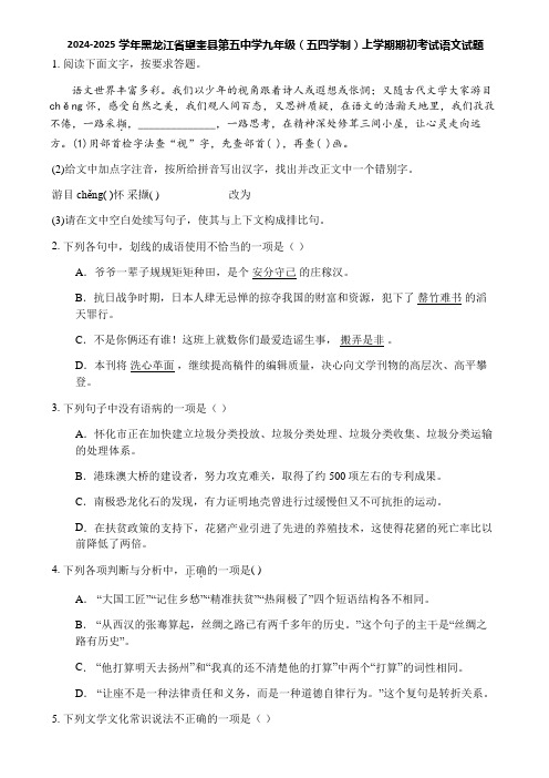 2024-2025学年黑龙江省望奎县第五中学九年级(五四学制)上学期期初考试语文试题