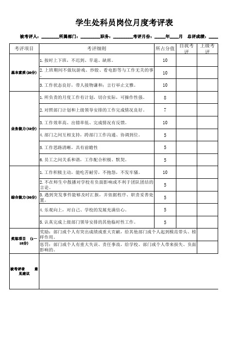 学生处科员岗位月度考核评分表