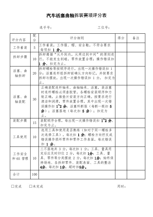 汽车活塞曲轴拆装评分表