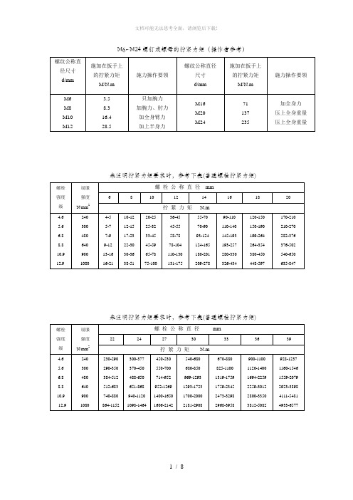 螺栓拧紧力矩标准