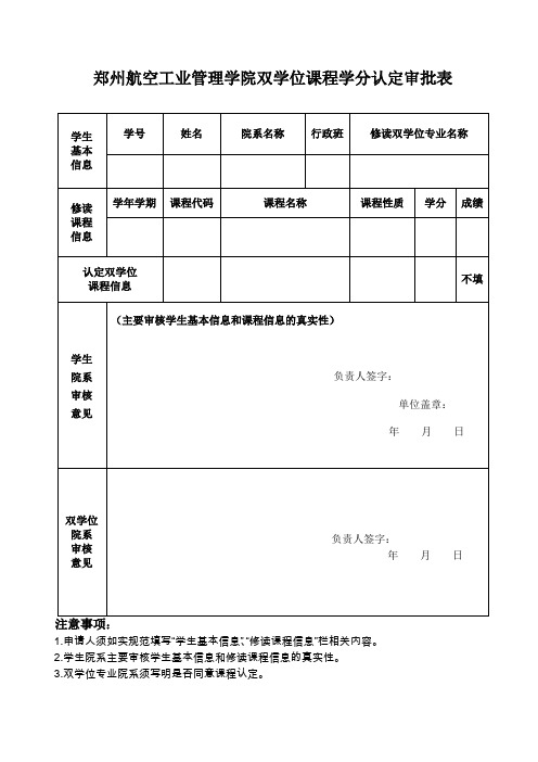 郑州航空工业管理学院双学位课程学分认定审批表