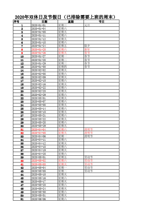 2020年双休及法定节假日(分析统计用版本一)