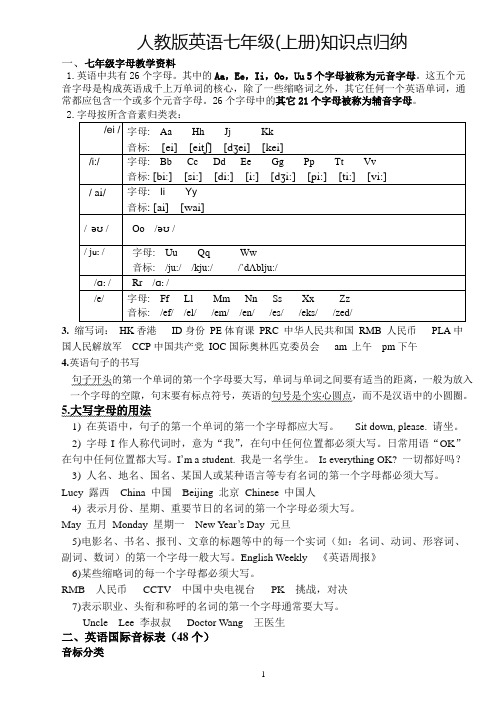 最新人教版初一七年级英语上册期末重要知识点及语法笔记总结归纳整理打印版可编辑