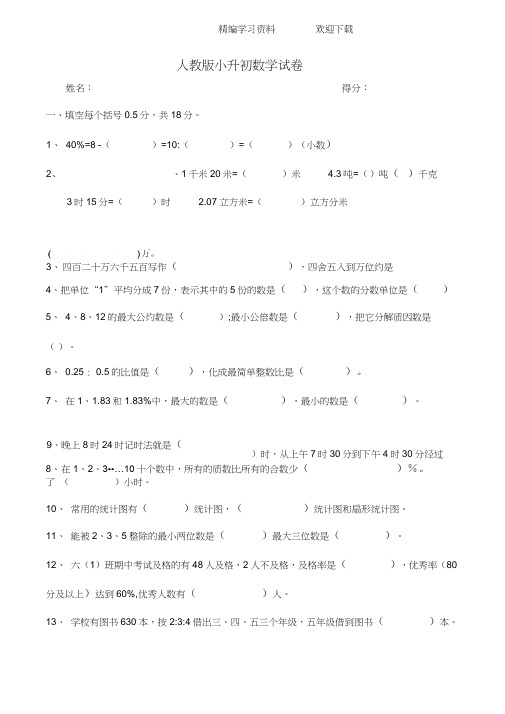 2018人教版小升初数学试卷及答案