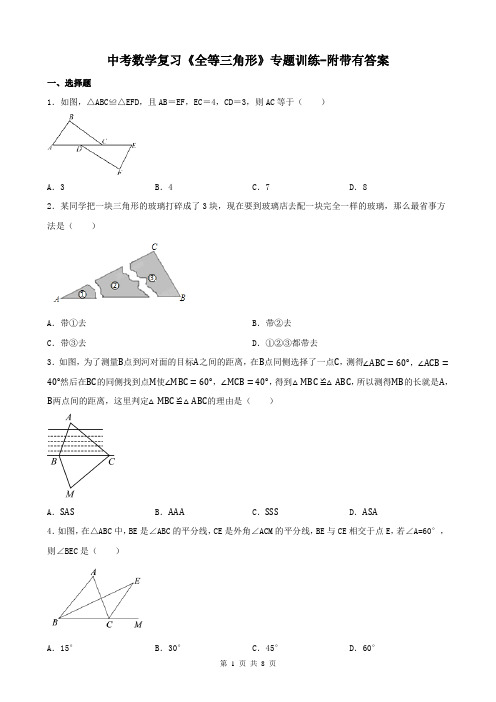 中考数学复习《全等三角形》专题训练-附带有答案