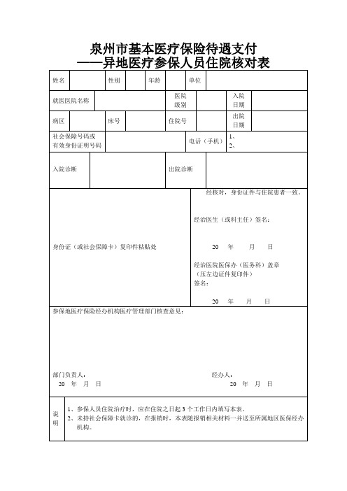 泉州市基本医疗保险待遇支付——异地医疗参保人员住院核对表