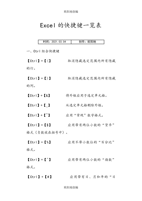 Excel的快捷键一览表(超全)之欧阳地创编