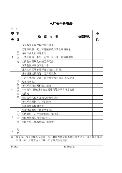 水厂企业班组安全检查表参考模板范本