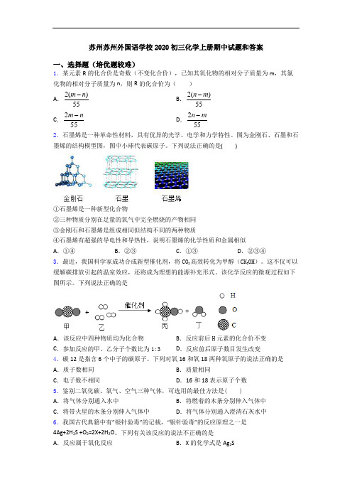 苏州苏州外国语学校2020初三初三化学上册期中试题和答案