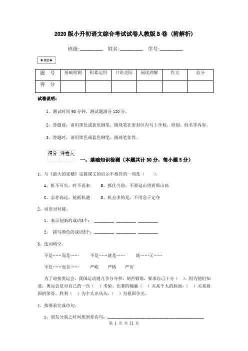 2020版小升初语文综合考试试卷人教版B卷 (附解析)