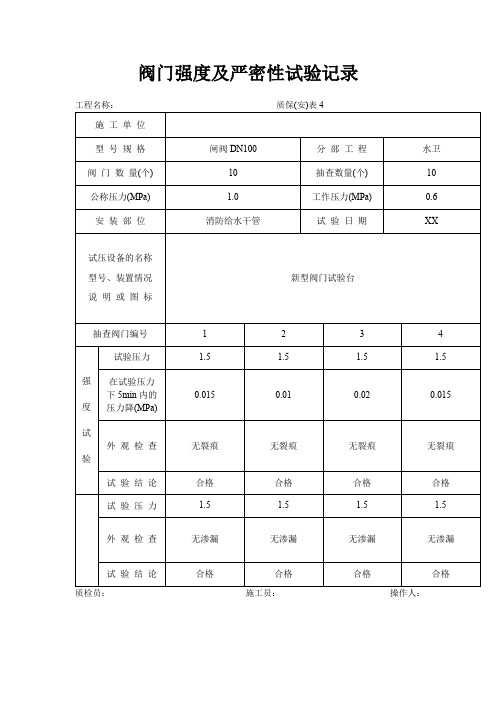 阀门强度及严密性试验记录