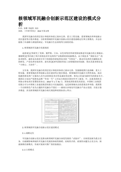 核领域军民融合创新示范区建设的模式分析 