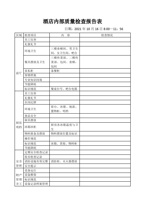 酒店内部质量检查报告表