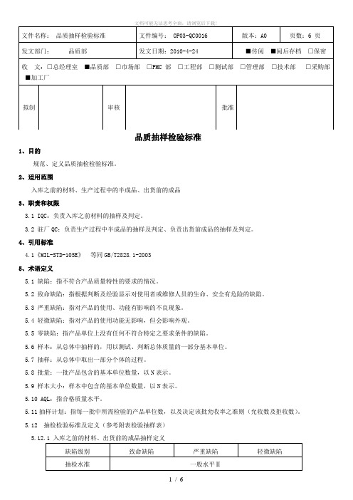 品质AQL抽样标准