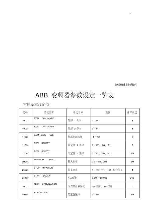 ABB变频器参数设定一览表