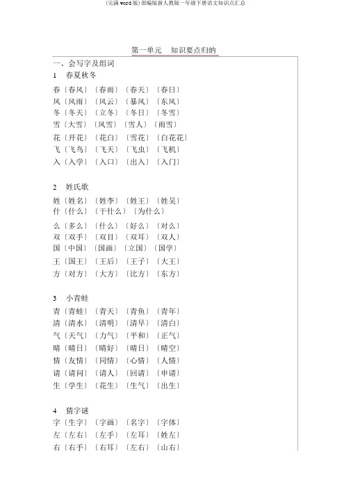 (完整word版)部编版新人教版一年级下册语文知识点汇总