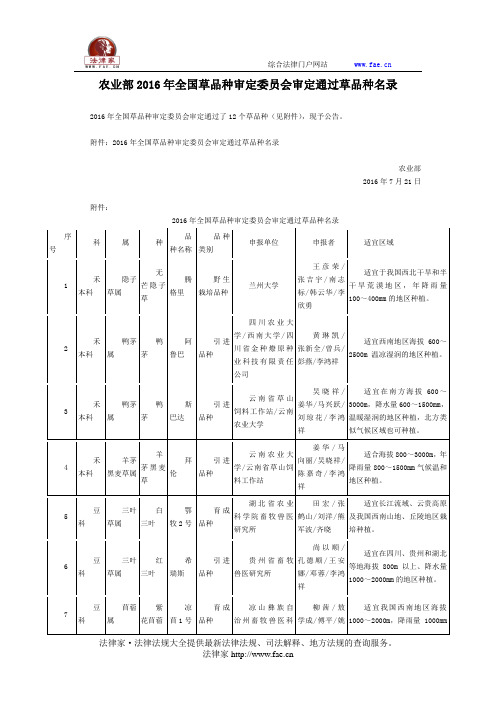 农业部2016年全国草品种审定委员会审定通过草品种名录-国家规范性文件