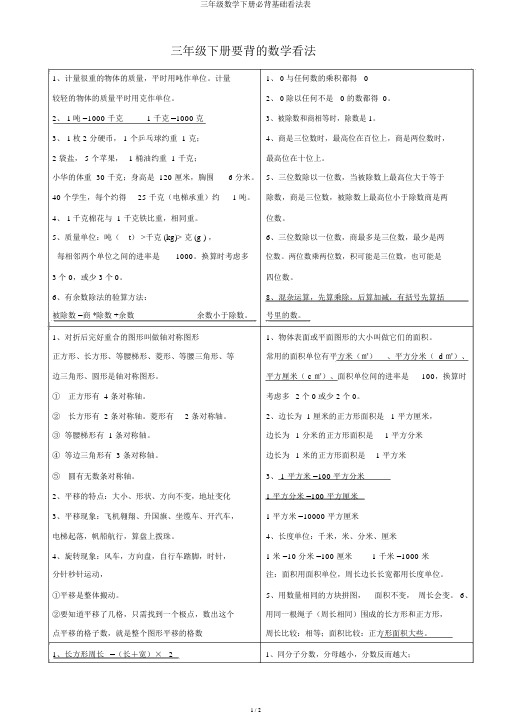 三年级数学下册必背基础概念表
