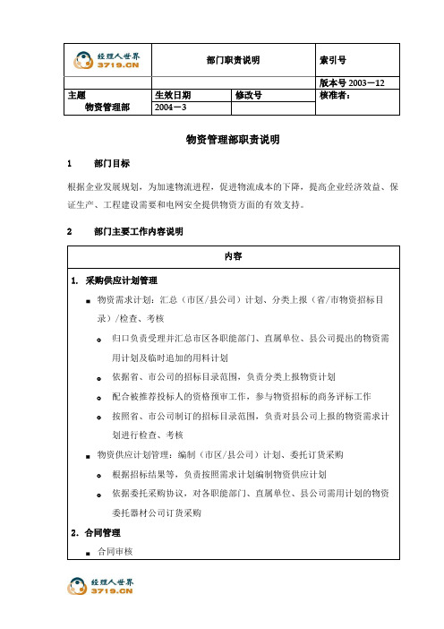 电力行业-供电公司部门职能-物资管理部(doc)