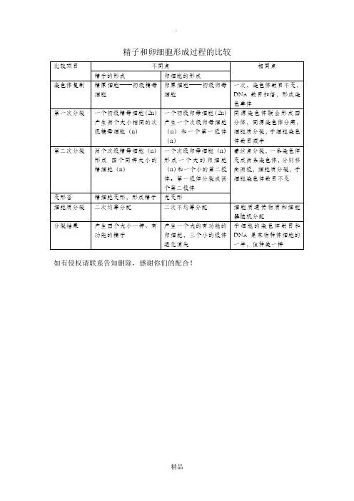 精子和卵细胞形成过程的比较