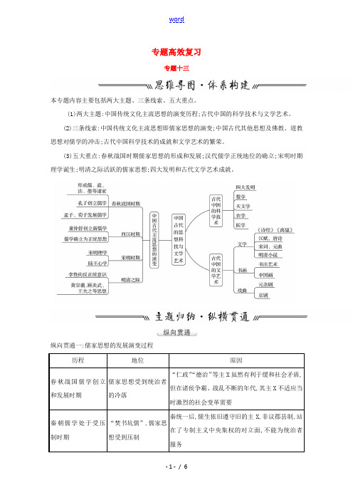 江苏专用2022版高考历史一轮复习专题十三古代中国的思想科技与文学艺术专题高效复习学案含解析人民版2