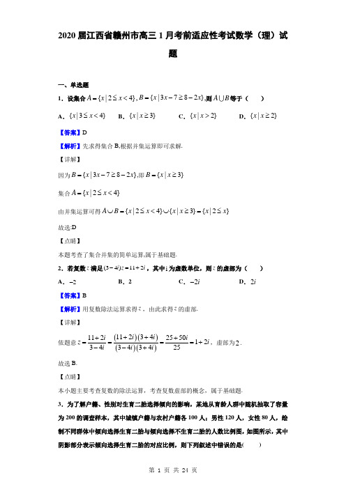 2020届江西省赣州市高三1月考前适应性考试数学(理)试题(解析版)