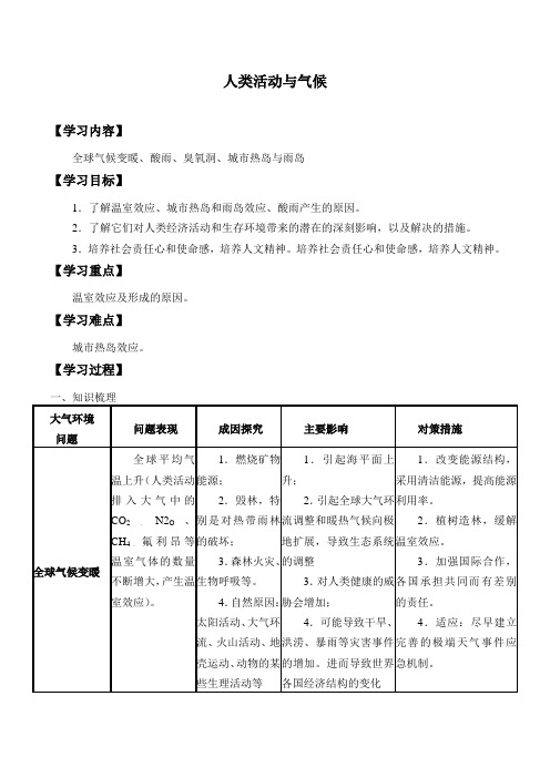 中图版(上海)高中地理第一册-专题12 人类活动和气候-学案(无答案)