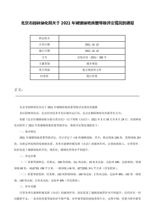 北京市园林绿化局关于2021年城镇绿地质量等级评定情况的通报-京绿办发〔2021〕268号