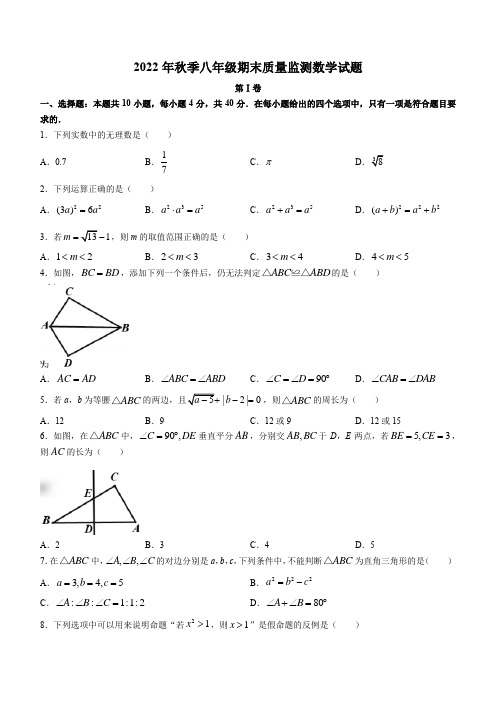福建省泉州市安溪县2022—2023学年八年级上学期期末质量监测数学试卷(含答案)