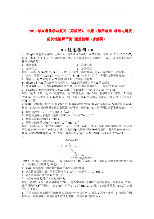 高考化学总复习 专题8 第四单元 难溶电解质的沉淀溶解平衡随堂检测(含解析) 苏教版