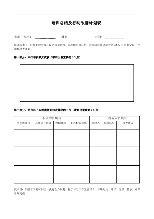 培训总结及行动改善计划表