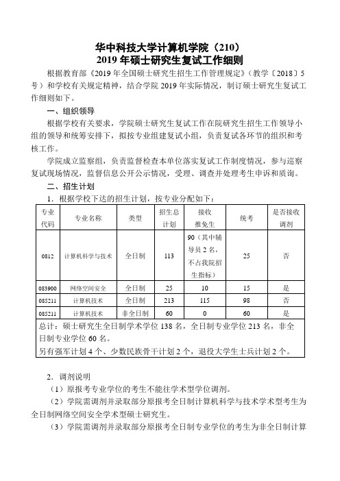 华中科技大学计算机学院(210)2019年硕士研究生复试工