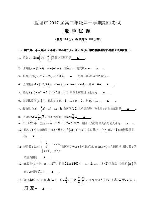 江苏省盐城市2017届高三上学期期中考试数学试题(WORD版)