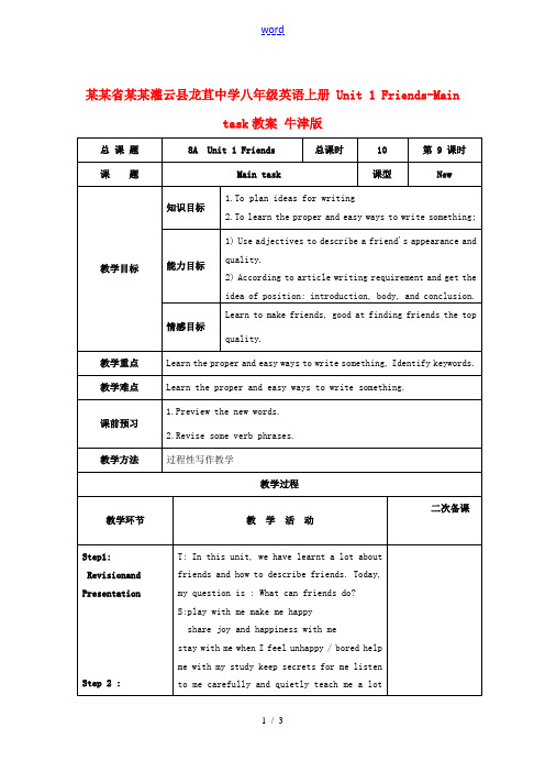 江苏省连云港灌云县龙苴中学八年级英语上册 Unit 1 Friends-Main task教案 牛津