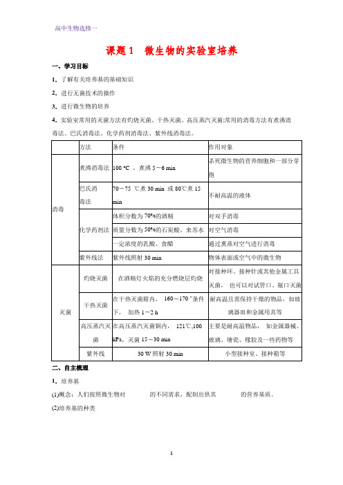 高中生物选修一学案9：2.1 微生物的实验室培养