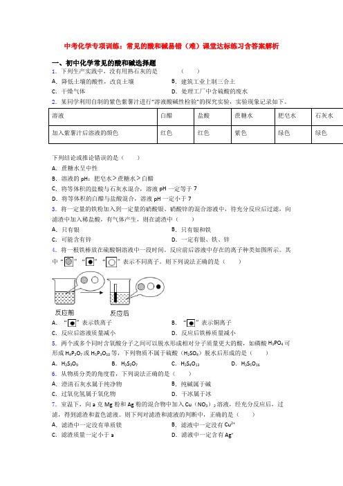 中考化学专项训练：常见的酸和碱易错(难)课堂达标练习含答案解析