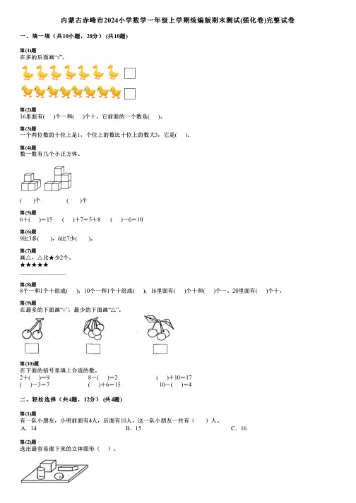 内蒙古赤峰市2024小学数学一年级上学期统编版期末测试(强化卷)完整试卷