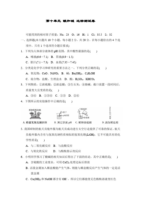 第十单元 酸和碱 达标测试卷2022-2023学年度人教版化学九年级下册