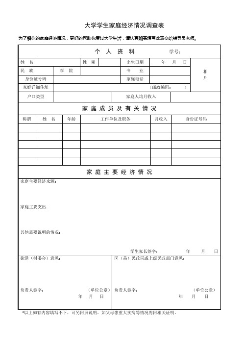 大学学生家庭经济情况调查表